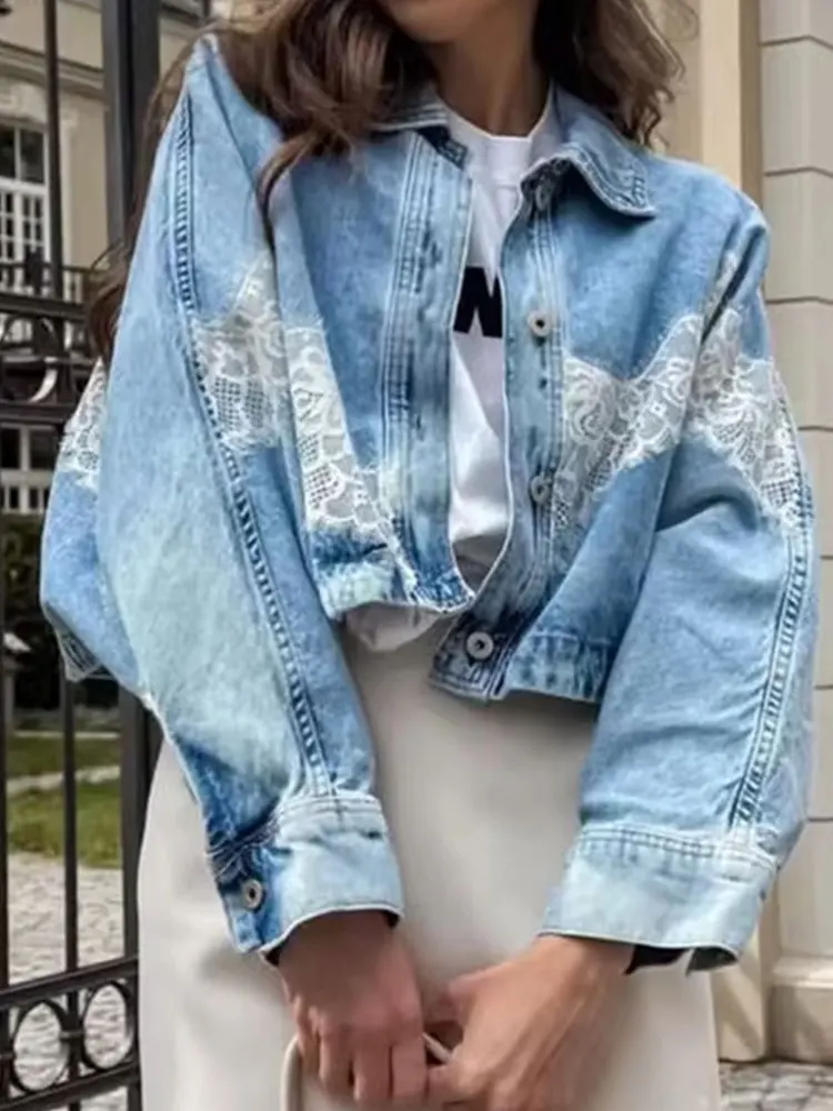 Women Elegant Floral Lace Splicing Denim Jackets Button Batwing Sleeve Cropped Coat Loose Casual Woman Chic Oversized Outwear view 4