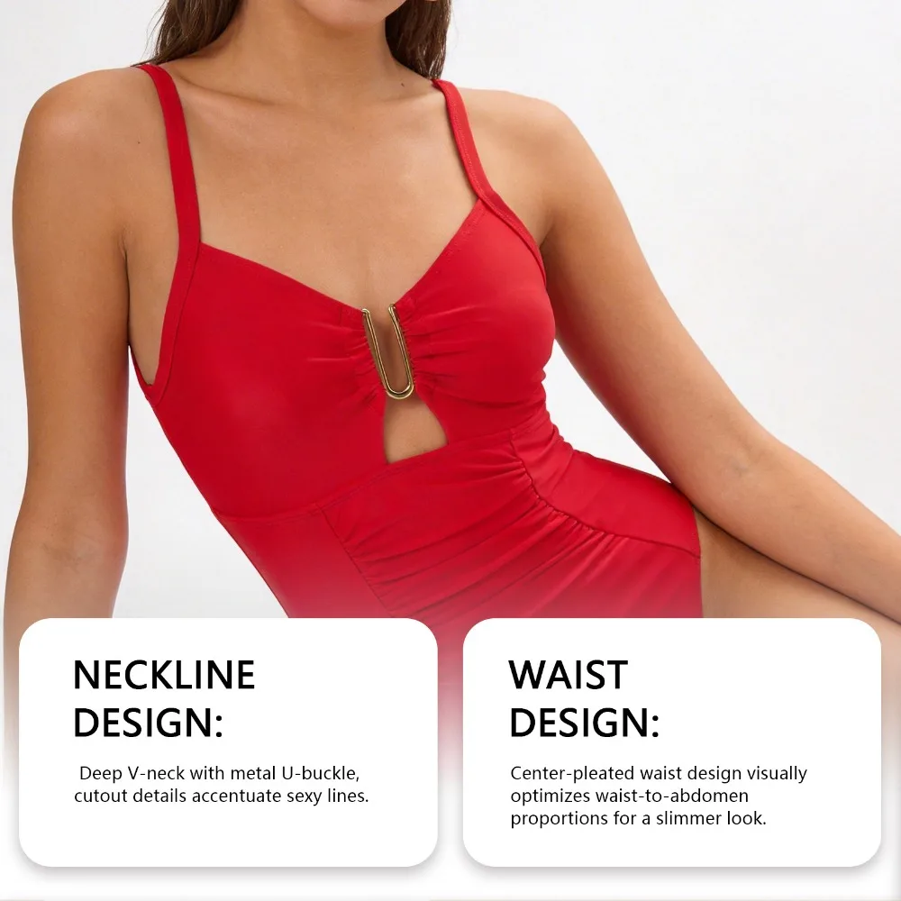 Red One Piece Swimsuit Sexy Deep V Neck Metal V-Bar Hardware Swimwear Women Ruching Tummy Control Swimming Suit High Cut Bather