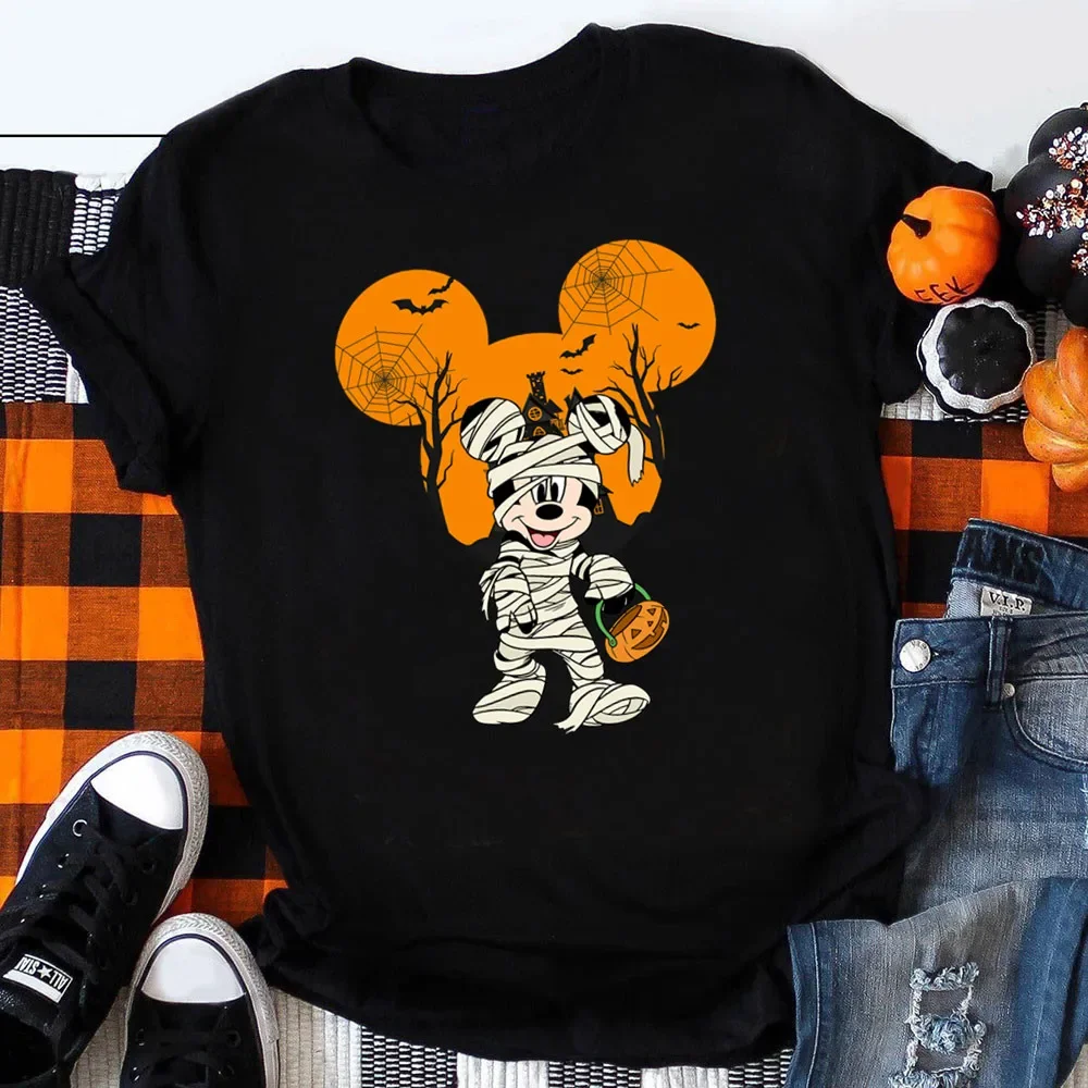 Mickey e Minnie engraçadas estampa camisetas para mulheres, roupas de streetwear fofas de Halloween, doces ou doces, roupas elegantes para meninas