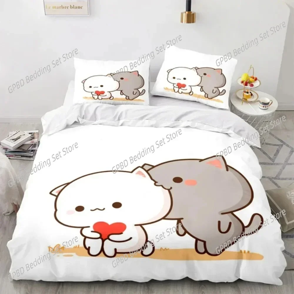 3D Cartoon Lovely Peach Cat 3D Bedding Set Duvet Cover Pillowcases Single Twin Full Queen King Size Home Decor Quilt Boys Gift