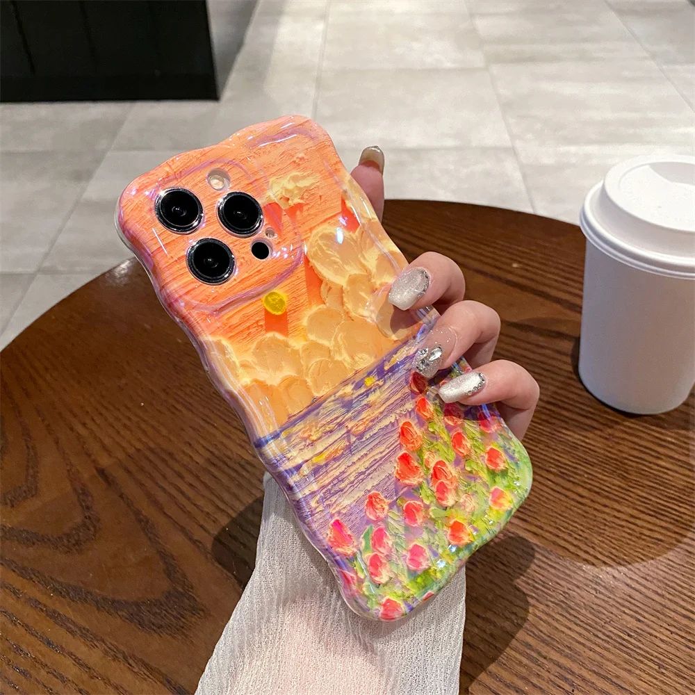 Ottwn Twisted Edge Laser Rainbow Clouds Flowers Phone Case For iPhone 11 12 14 15 Pro Max Plus Soft Shockproof Back Bumper Cover