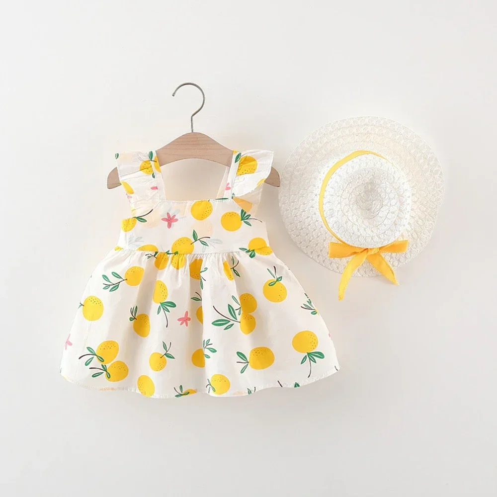 Clearance_Summer New Girls Dress + Hat  2-Piece Fruit Print Small Fresh Bow Halter Small Flying Sleeve Tmall Princess Dress_Cont image 3