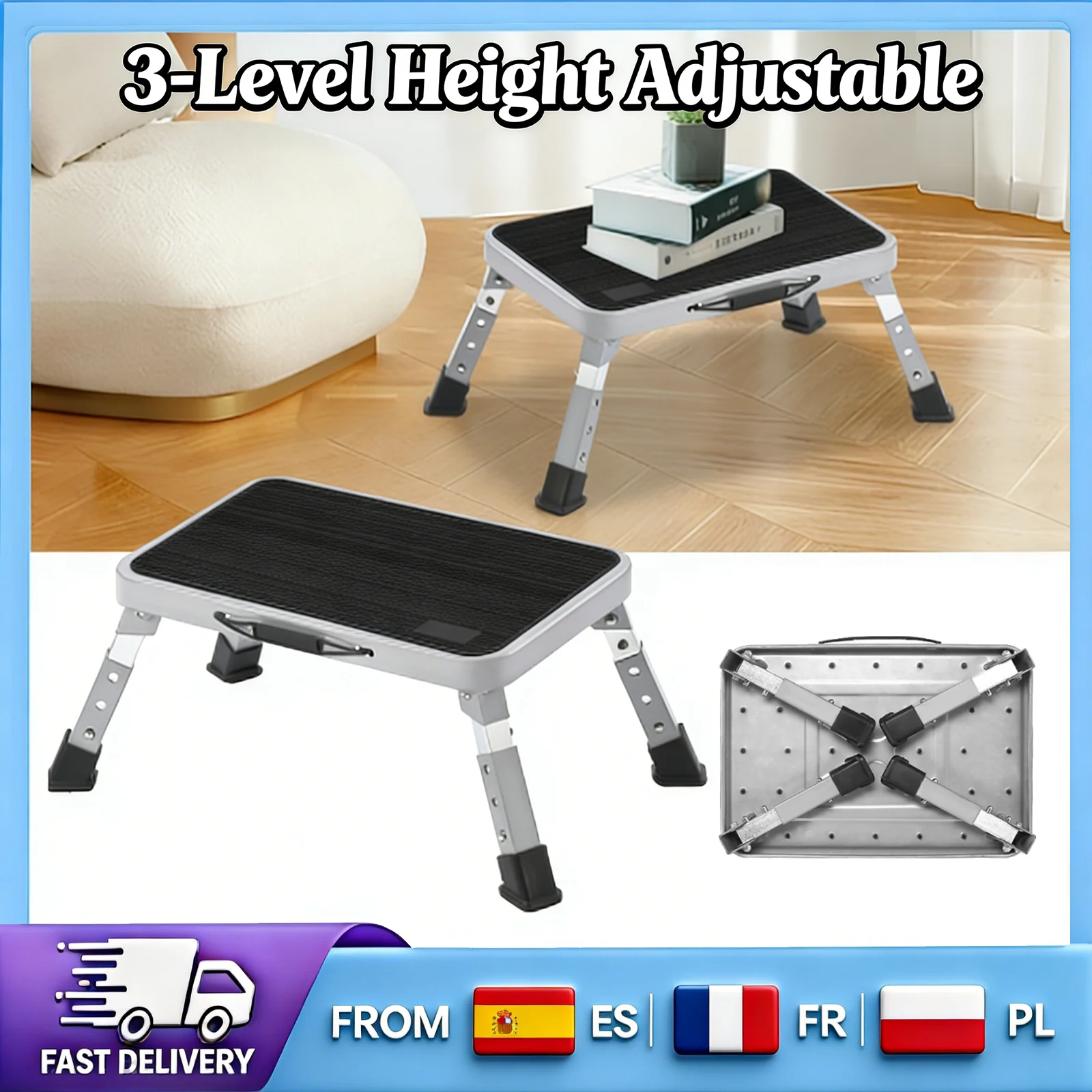 3-Level Height Adjustable Folding Step Stool Steel Portable Anti-Slip Safety Step Stool 150KG Load for Kitchen Bathroom
