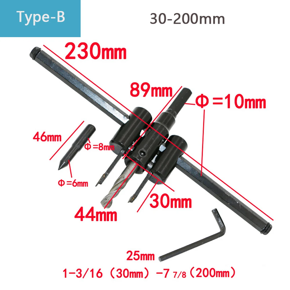 TORO 30mm-120/200/300mm seghe a tazza circolari regolabili punta da trapano in acciaio legato Set di utensili da taglio per fori rotondi per strumenti per la lavorazione del legno