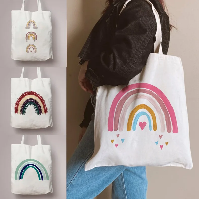 Rainbow Lady Canvas Shopping Tote Bag Shoulder Bag Lady Handbag Simple Fashion Large-capacity Shopping Bag Woman