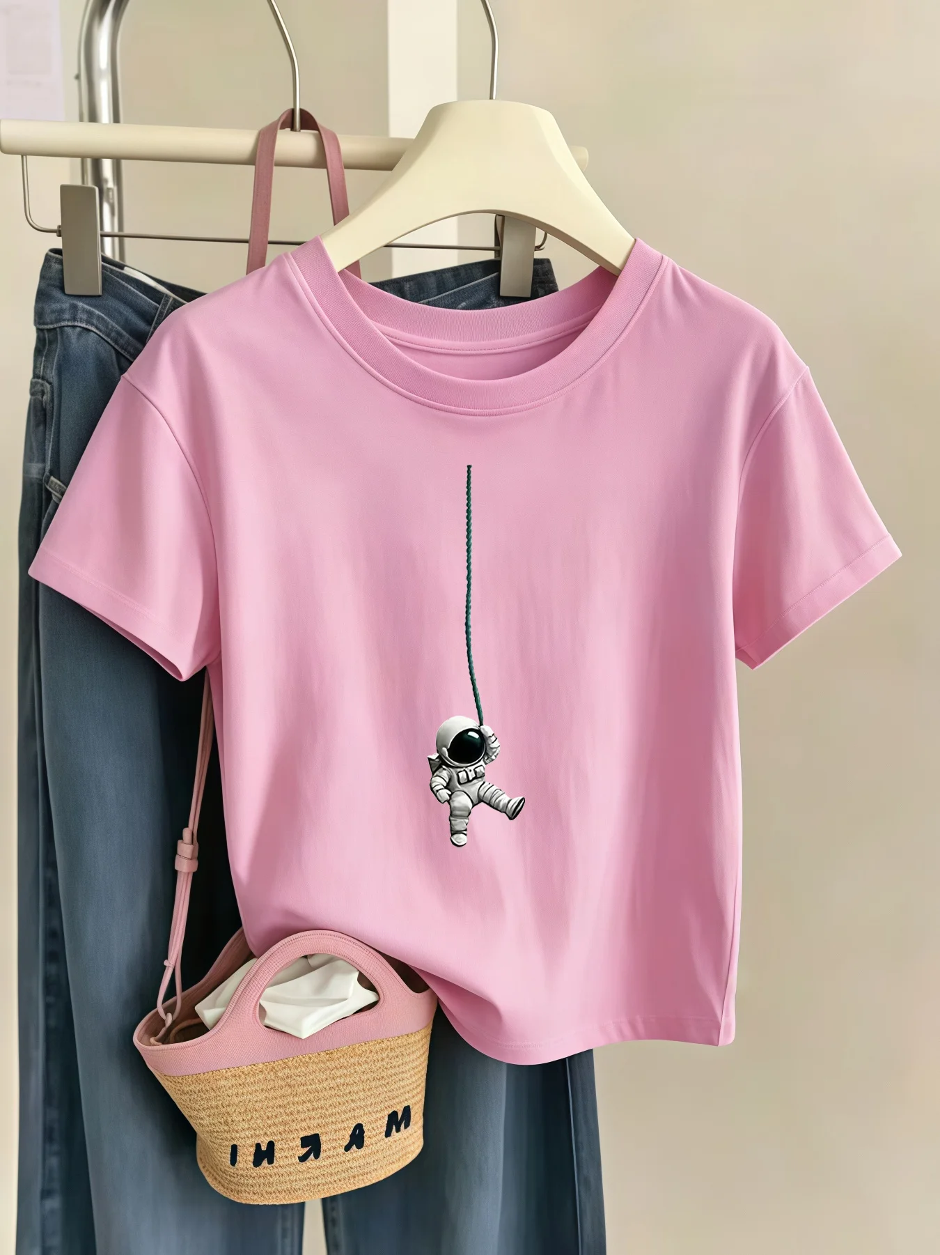 Kids Cool Hanging Astronaut Space Theme Graphic Tee Boys Girls Family Matching Short Sleeve Galaxy Casual Everyday T Shirt