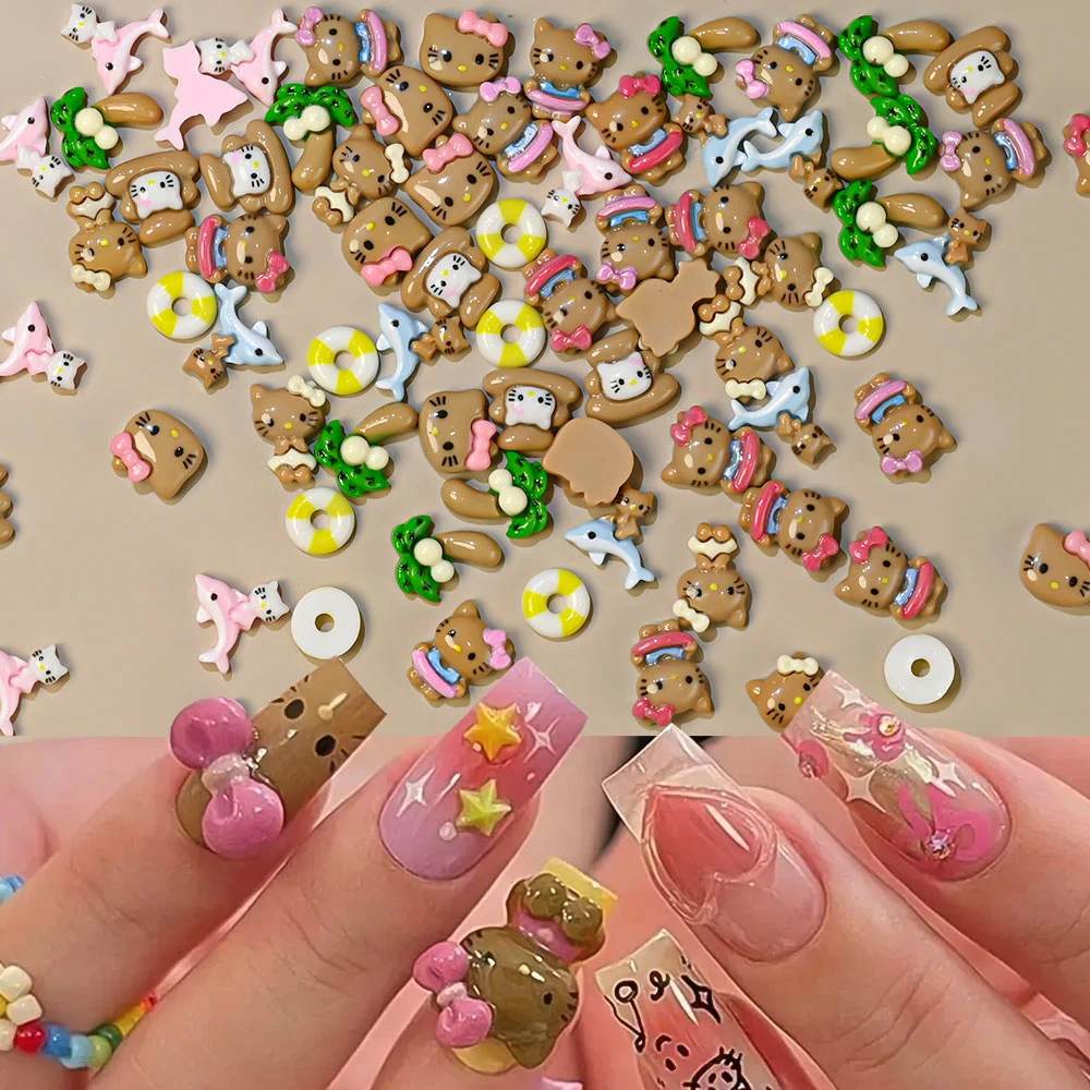 

10 шт., Гавайи, коричневый, «Hello Kitty», подвеска для ногтей с плоской задней частью, смола для загара, котенок, кокосовая пальма, украшение для ногтей, Kawai Dolphin Kitty, часть ногтя