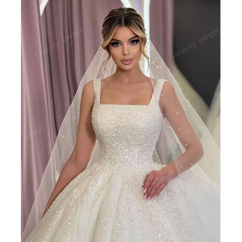 Luxurious Wedding Dress Organza With Embroidery Pearls Sequins Ballgown Sleeveless Square Collar Customized Bride Vestido De Nov