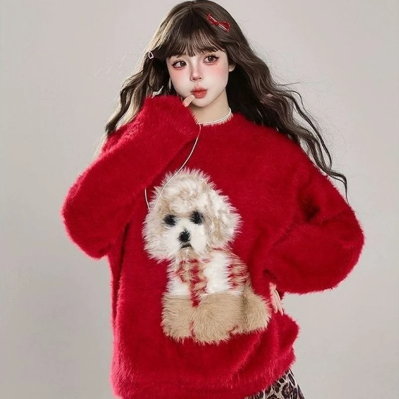 Cartoon Puppy Mink Velvet Sweater For Women Autumn Winter Loose Soft Waxy Lazy Style Mid-length Casual Sweater Top