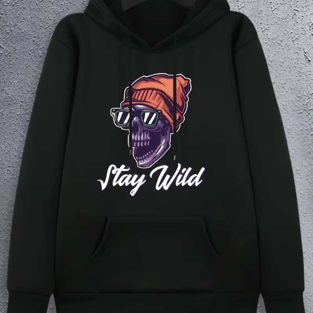 

Cartoon Skull Letter Printed Men's Hooded Sweatshirt Casual Fashionable Loose Warm Pocket Hooded Sweatshirt