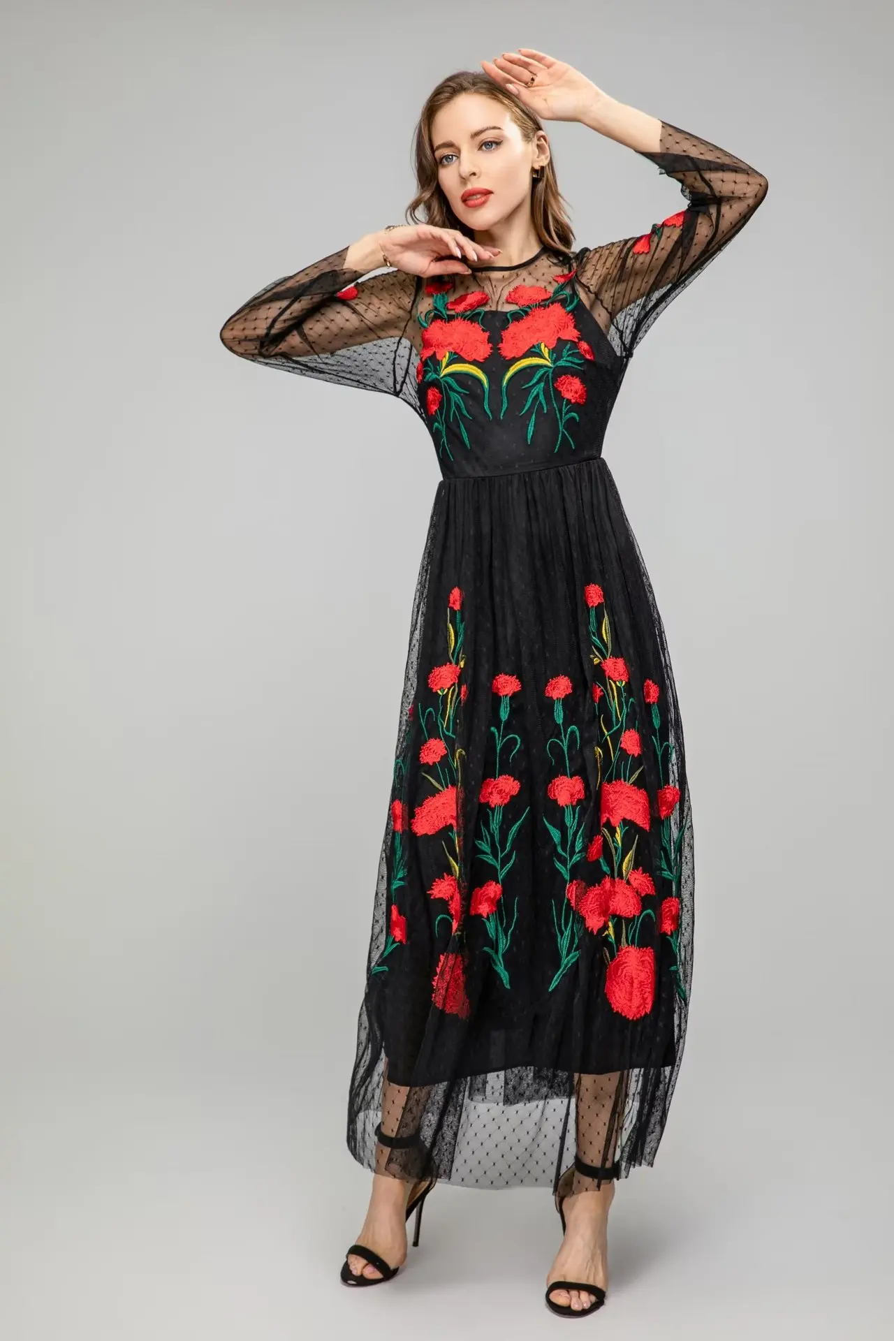 Vestidos femininos o pescoço mangas compridas bordado floral em camadas elegante moda maxi vestidos