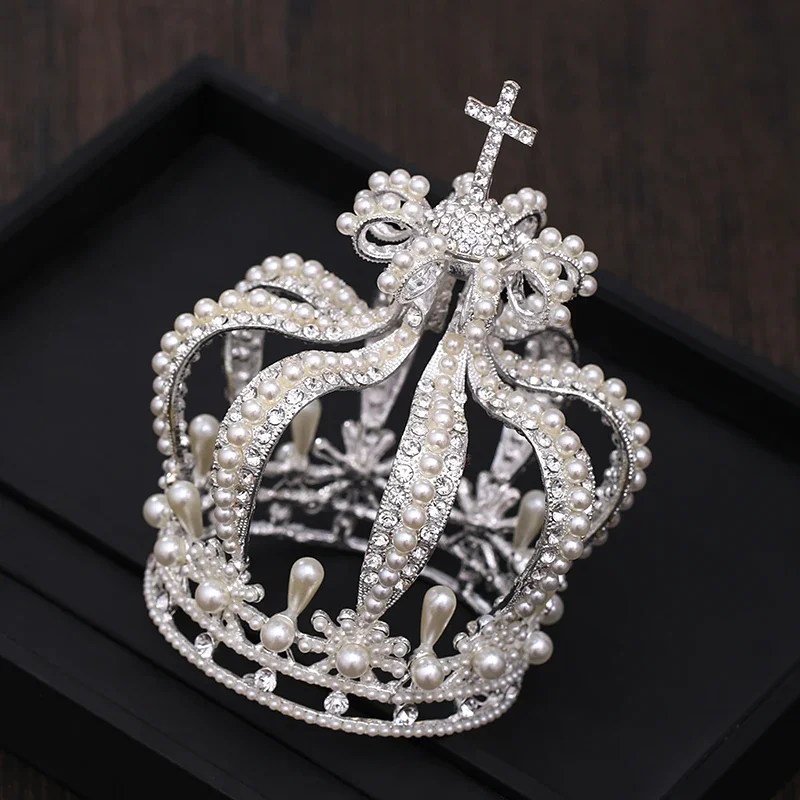 Baroque Crystal Pearl Crown And Tiara For Women Round Crown Tiara Hair Jewelry Wedding Hair Accessories Bridal Party Headdress image 3