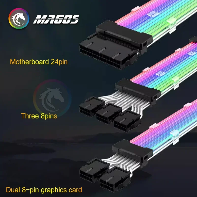 Computer PSU Extension RGB Cable, ATX 24Pin + PCI-E GPU 8PinX2, Neon Color Line ARGB Streamer Transfer Adapter, M/B 5V 3Pin SYNC
