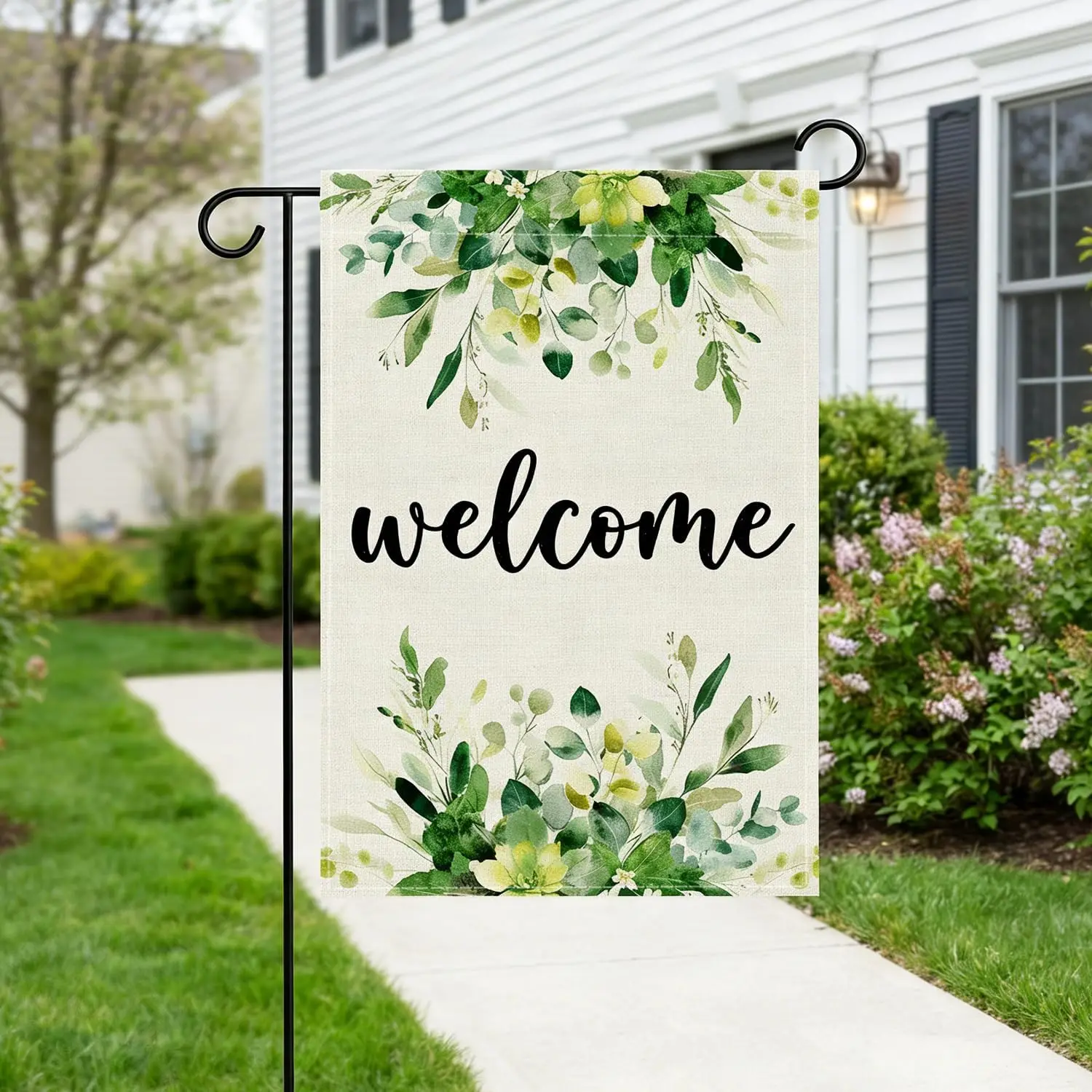 Welcome Garden Flag 12x18 Inch Double Sided, Green Leaves Small Burlap Yard Flags, Spring Summer Outdoor Banner Decoration f WWP