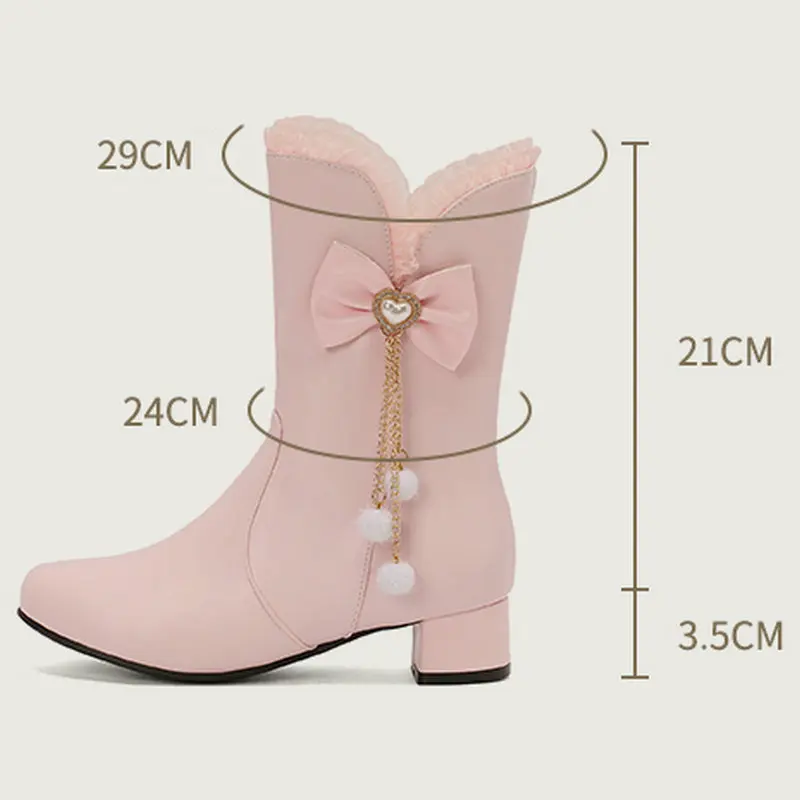 Cute Lolita Princess Boots for Women, Round-Toe Block Heel with Heart Bow and Chain, Lace Trim Cosplay Mid-Calf Boots Size 31-43