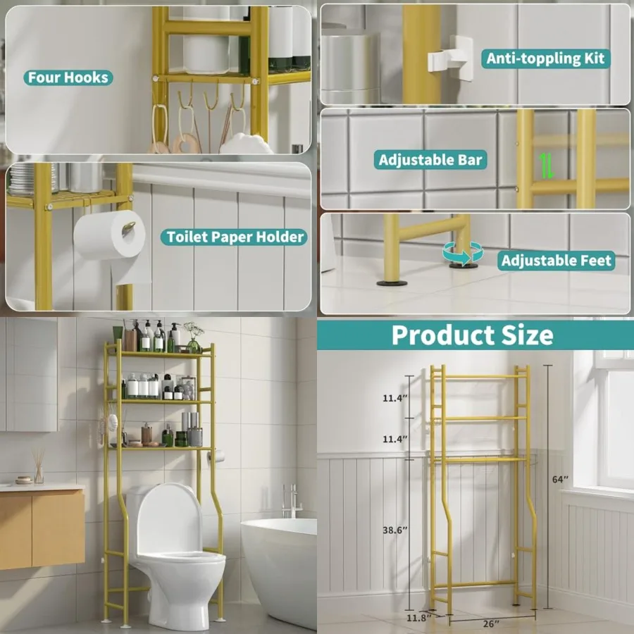 

3-Tier Over The Toilet Storage Organizer, Space-Saving Bathroom Rack with Paper Holder and 4 Hooks, 64" Tall Freestanding Carbo