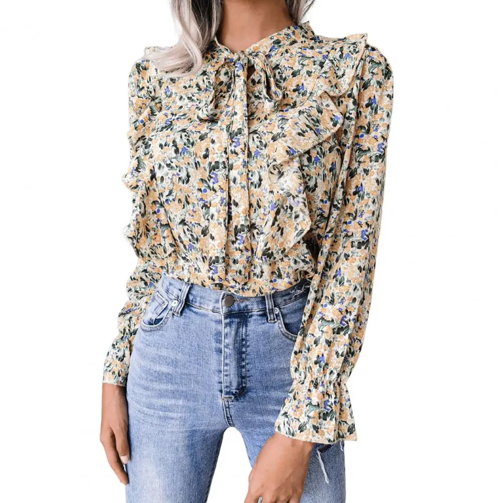 Long Sleeve Women Shirt O-Neck Flare Bow Tied Collar Autumn Shirt Floral Print Ruffle Stitching Chiffon Top Shirts Female