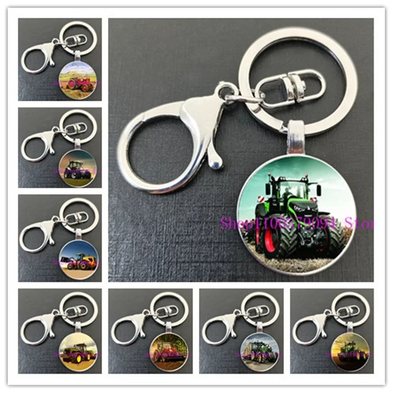 New farmhouse green tractor round glass key chain handmade DIY glass key ring men's car decoration craft accessories key ring