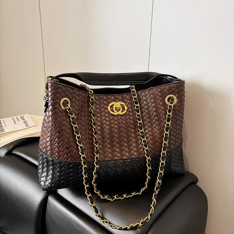 Retro Large-capacity Shoulder Underarm Bag Women's Europe, America New Woven Tote Bag Fashionable Texture Messenger Bucket Bag