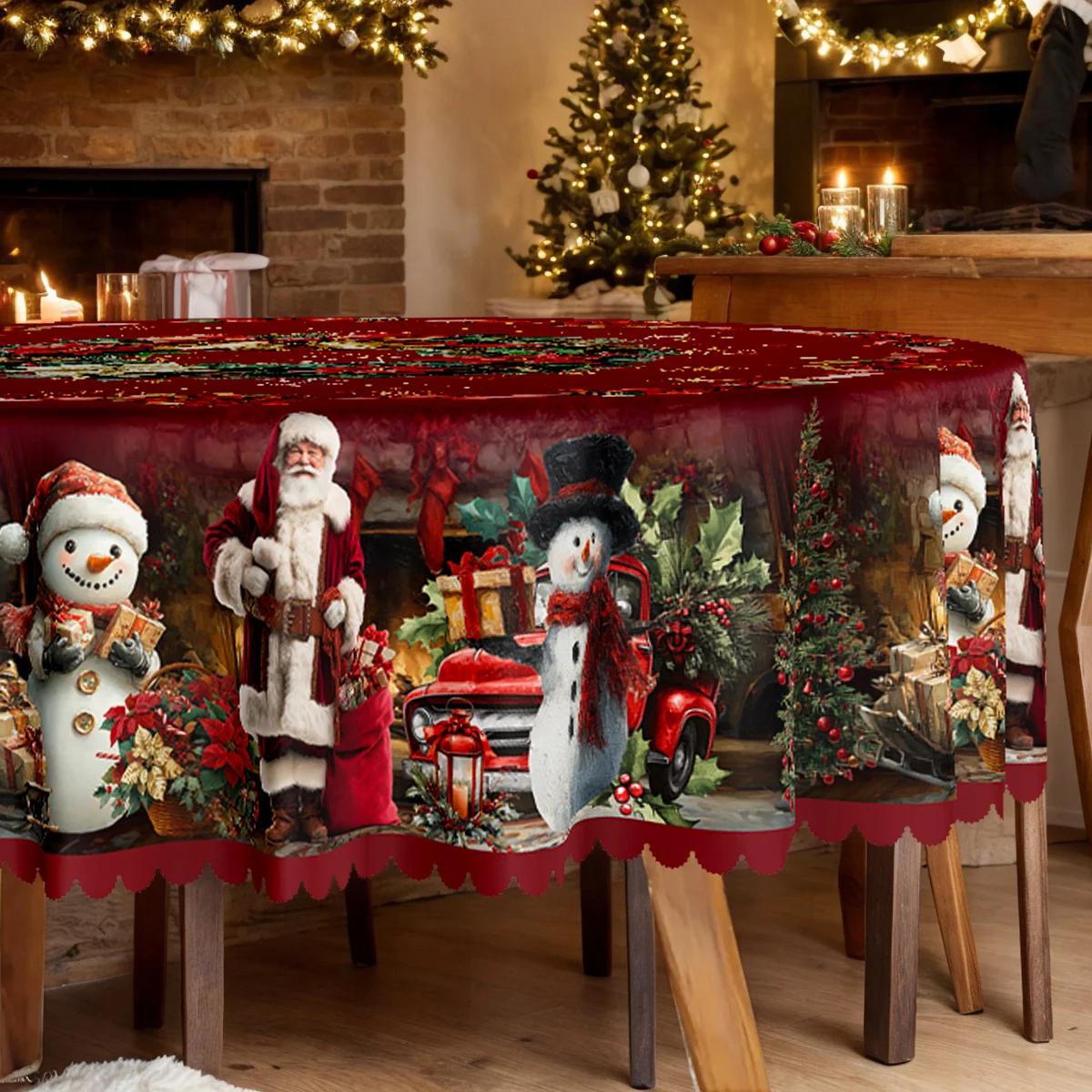 One-piece set, Christmas party tablecloth, wreath pattern with Santa, snowman and Christmas tree design table cover.zyc