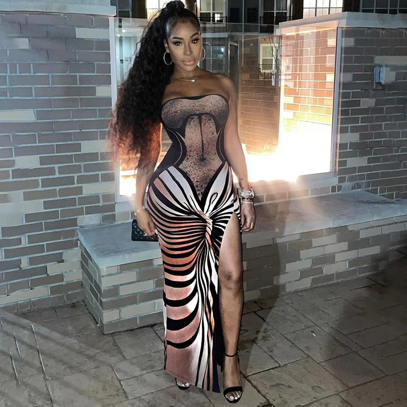 Brown Printed Strapless Party Dress Retro Sexy High Slit Off Shoulder Prom Gown Spicy Girl Tiger Print Off Back Evening Robes