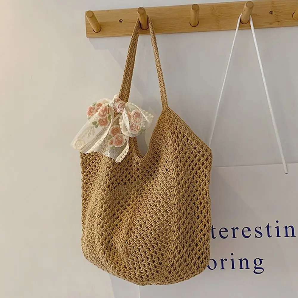 

Solid Color Women Knitting Shoulder Bag Hollow Out Soft Crochet Tote Bag with Bowknot Ribbon Large Capacity Casual Woven Handbag