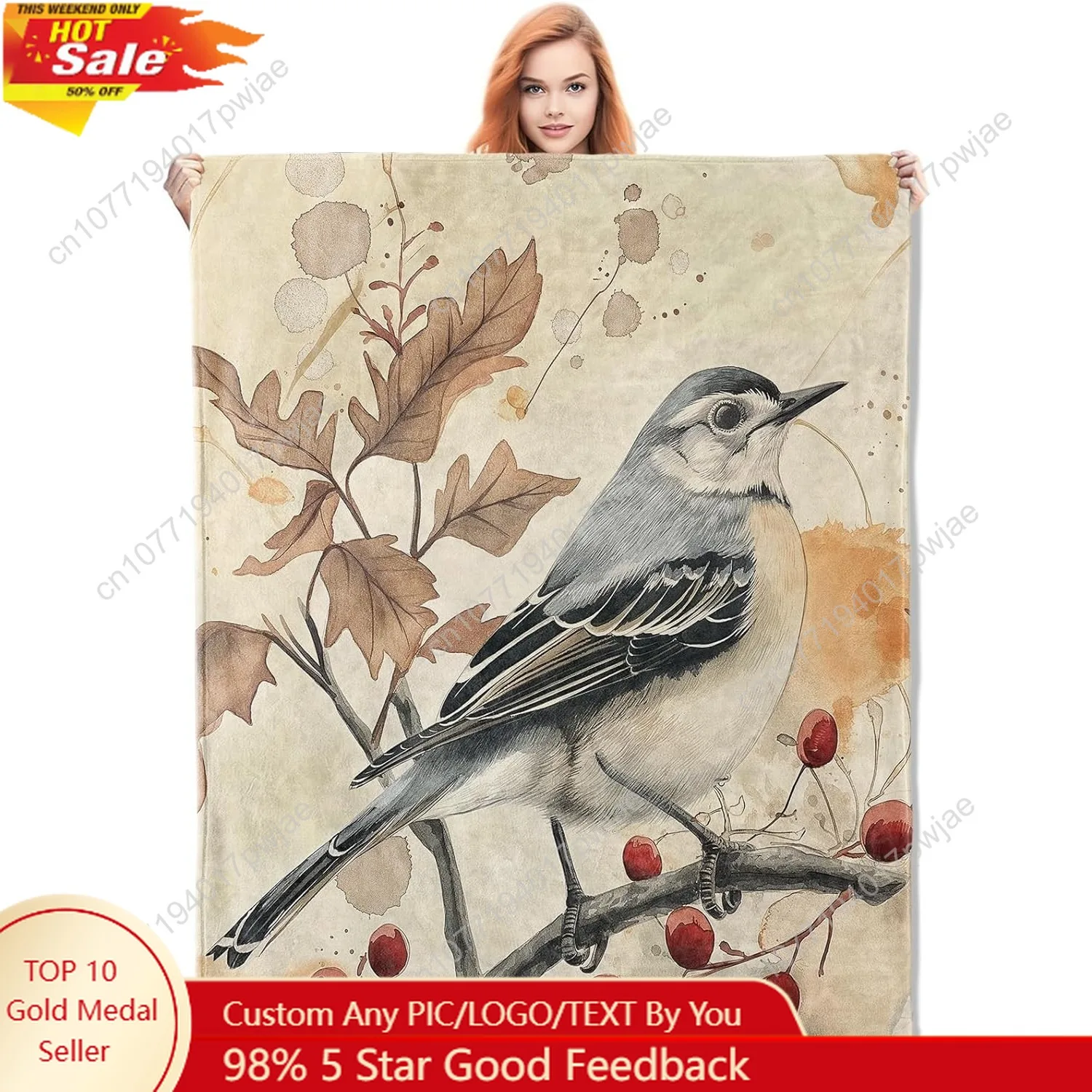 

Northern Mockingbird BlanketVintage Bird Flannel Throw Blankets Soft Warm Lightweight Cozy Plush Cute Animal Throws for Bedroom
