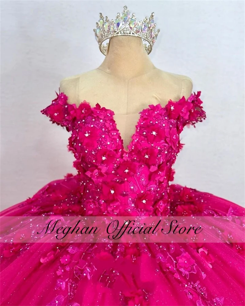 Mexico Pink Off The Shoulder Quinceanera Dress 2024 Beaded 3D Flower Corset Prom Dress Ball Gown 3D Flowers Sweet 16 Customized