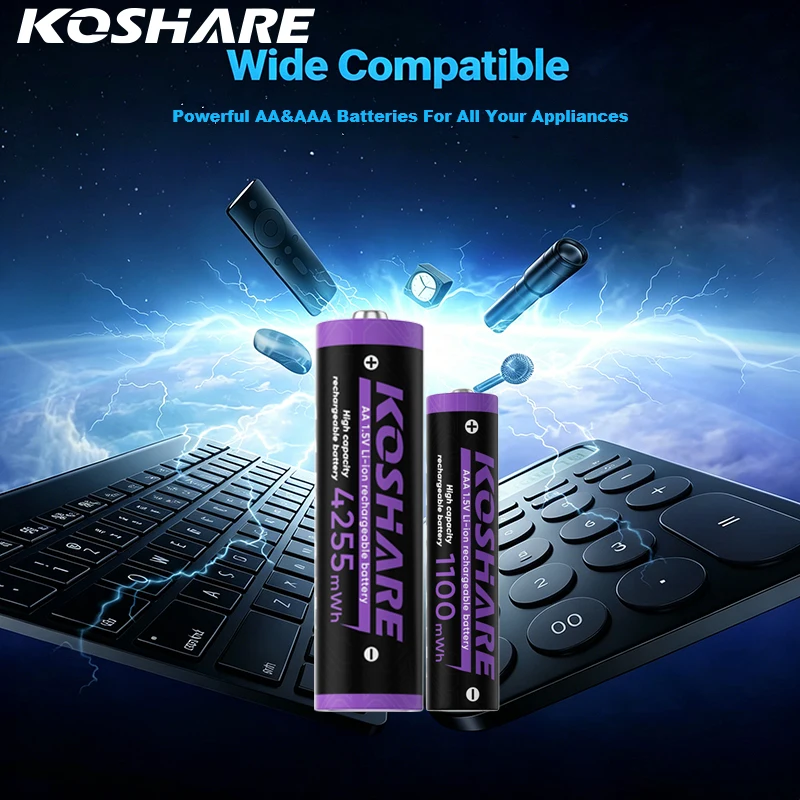 KOSHARE New 1.5V Li-ion Rechargeable Batteries AA 4255mWh For Household Remote Control With 8 Slot LED Smart Battery Charger Set