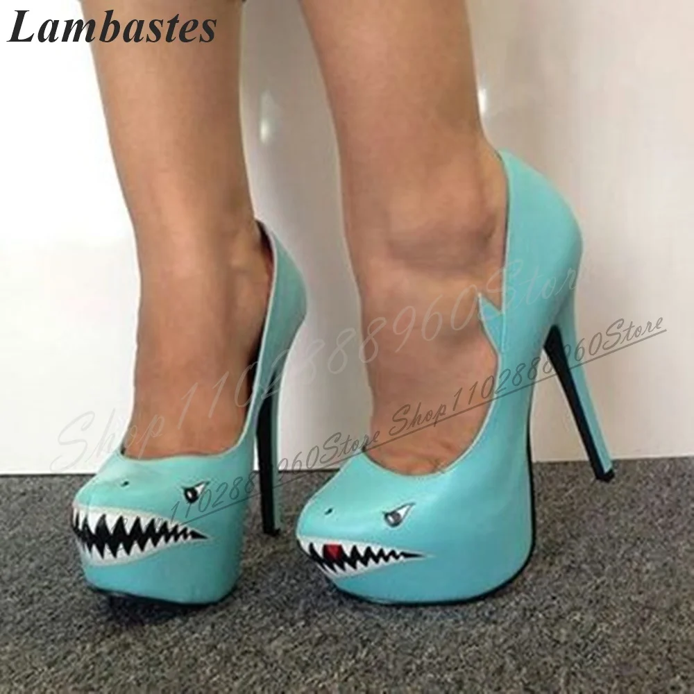 

Light Blue Shark Print Platform Pumps Thin High Heel Shoes For Women Slip On Pointed Toe 2024 Fashionable Zapatillas Mujer