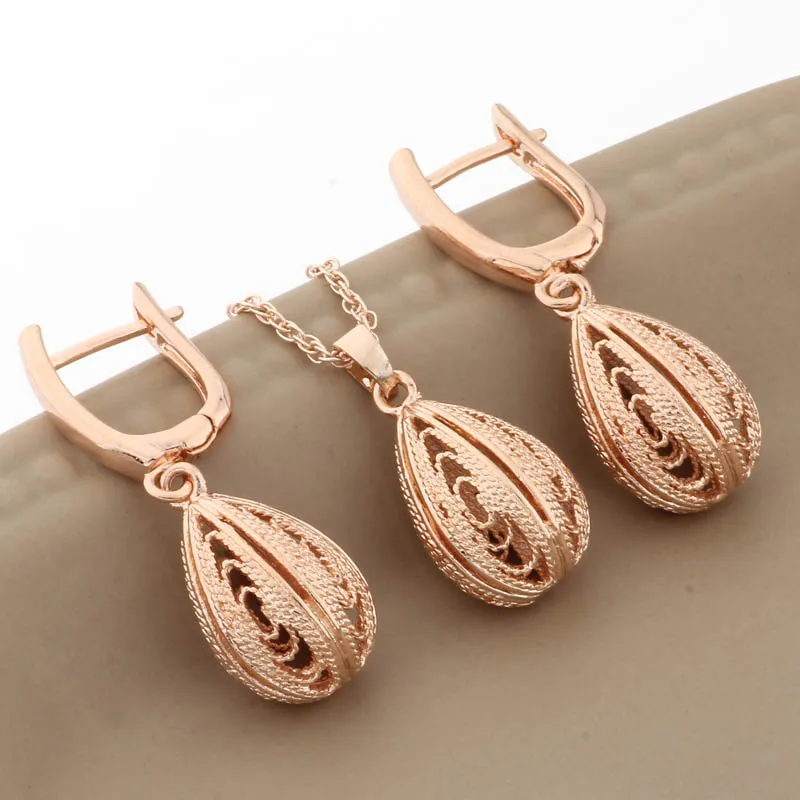 New Unique Hollow Elegant Female Set 585 Rose Gold Color Bridal Jewelry Sets Wedding Jewelry Sets Daily Modern Women's Earrings