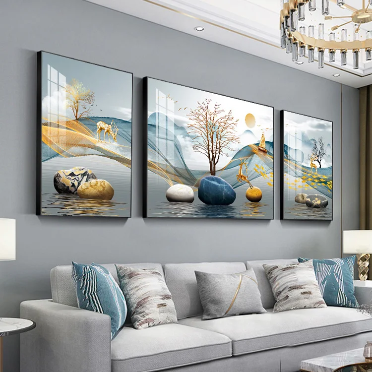

Modern light luxury living room hanging paintings Nordic simple triptych murals high-end atmospheric wall paintings sofa backgro