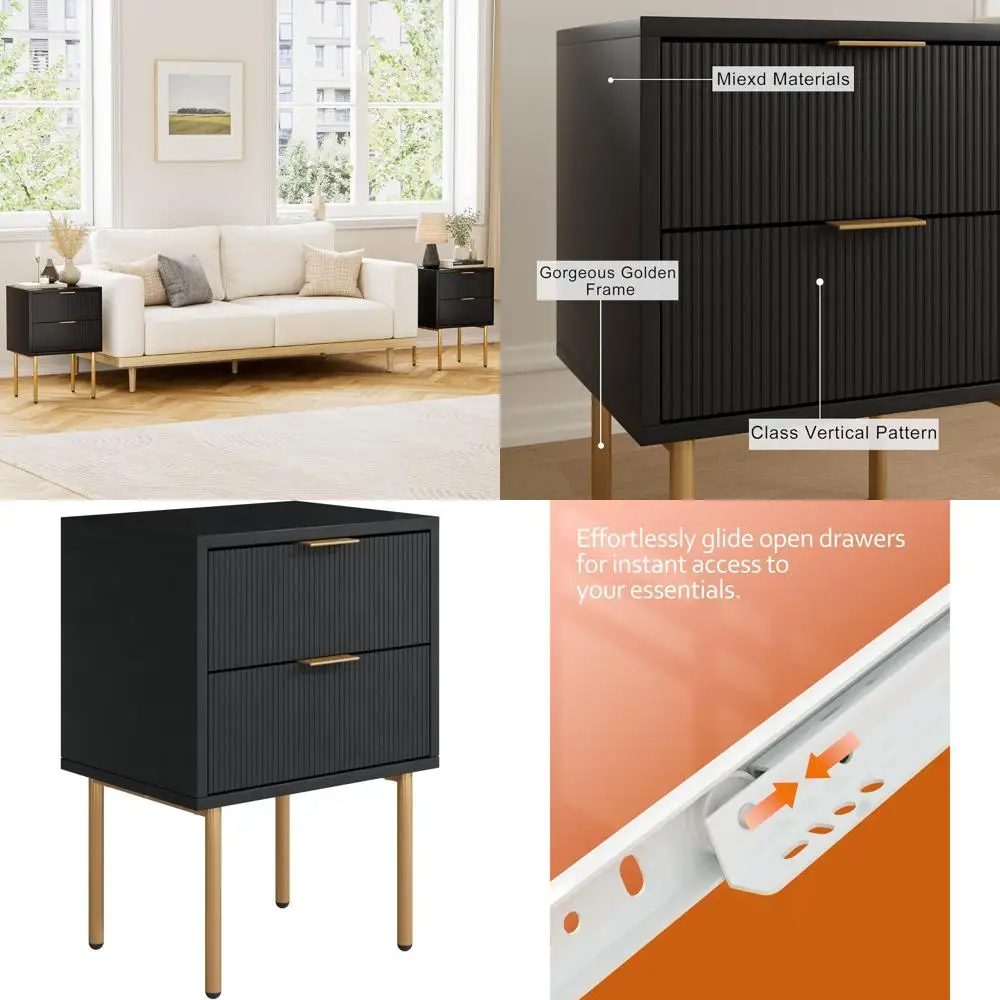 Mid-Century Modern 2-Drawer Nightstand, Gold Framed Accent Table for Bedroom/Living Room, Black