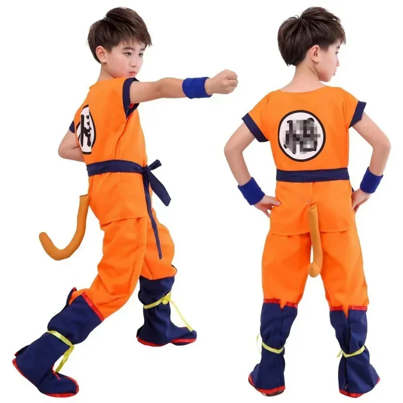 Halloween Bambini Ragazzi Son Goku Costume Cosplay Parrucca Scarpe Set Abbigliamento per bambini Puntelli per prestazioni Vestito da festa Regalo di compleanno