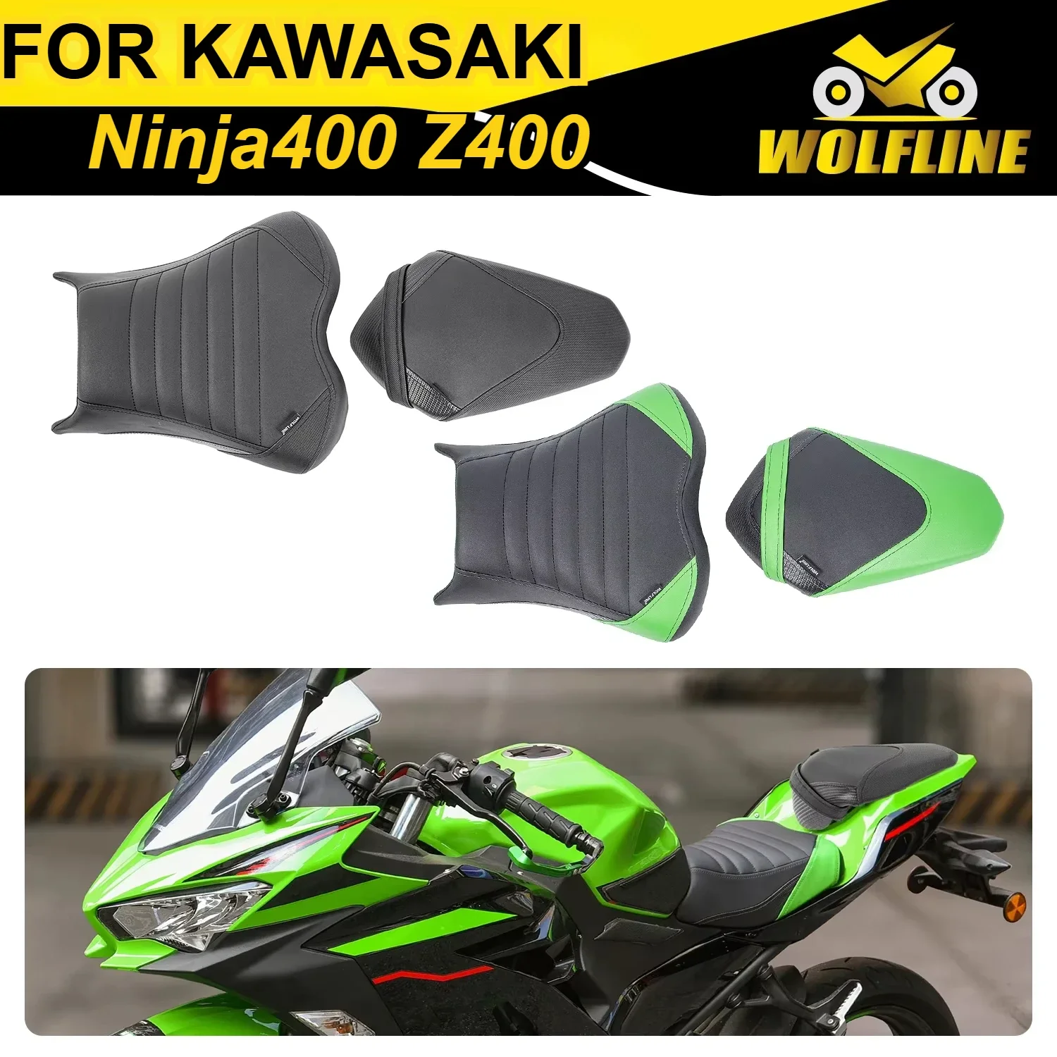 WOLFLINE Front Saddle Pad Pillion Cushion 2Pcs/Set for Kawasaki Ninja400 Z400 2018-2024 2019 2020 2021 2022 2023