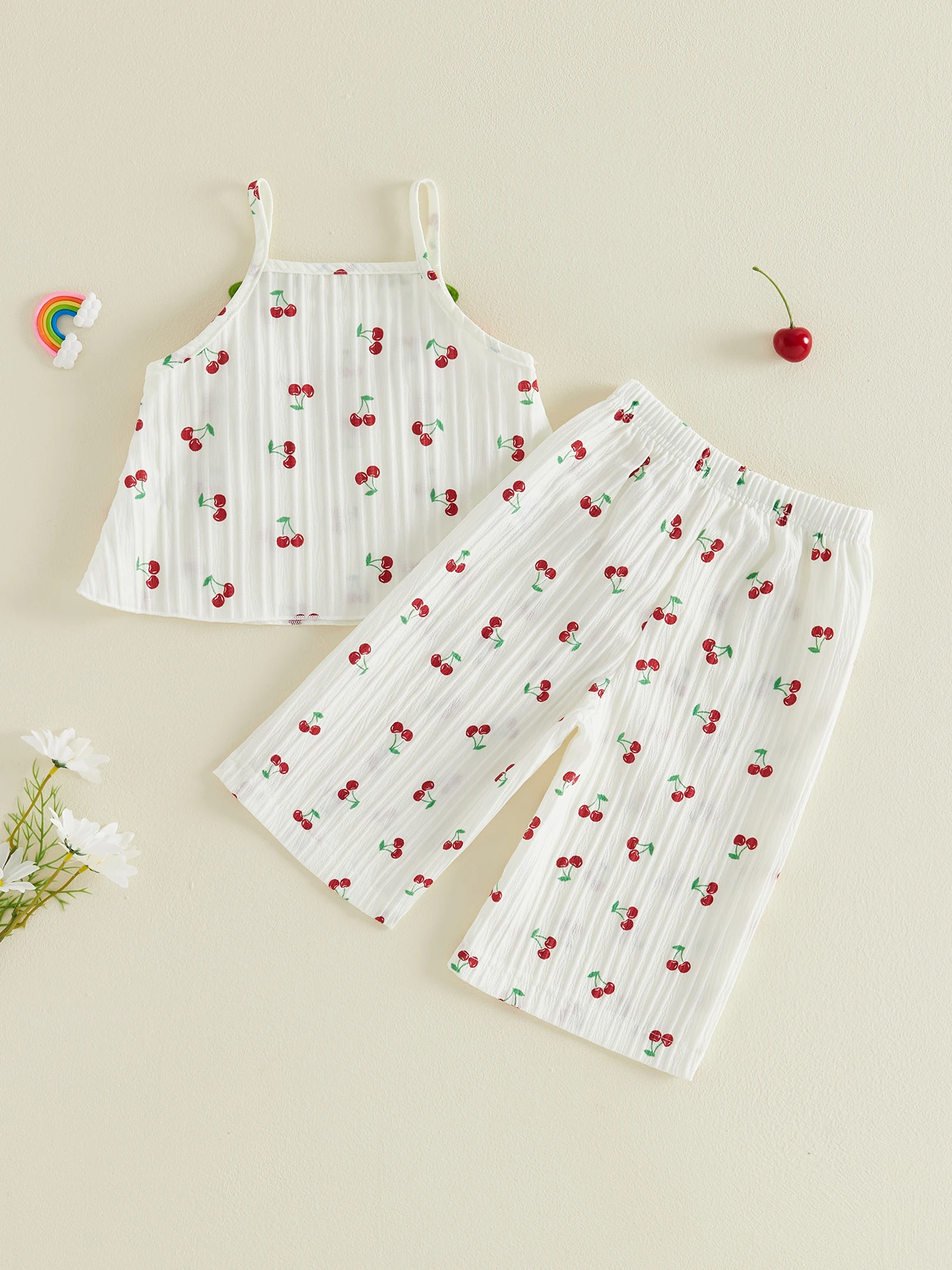 

Adorable Infant Girls Sleeveless Cherry Print Layered Hem Top and Elastic Waist Pants Set for Summer Outfits
