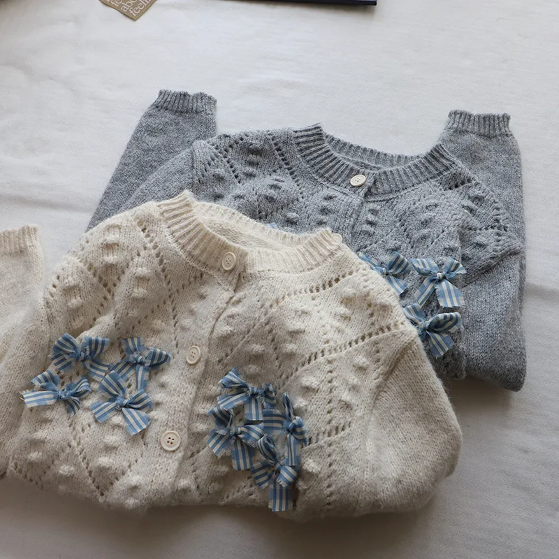 2025 Autumn/Winter New Round Neck Bow Knot Short Versatile Knit Cardigan Sweater for Women