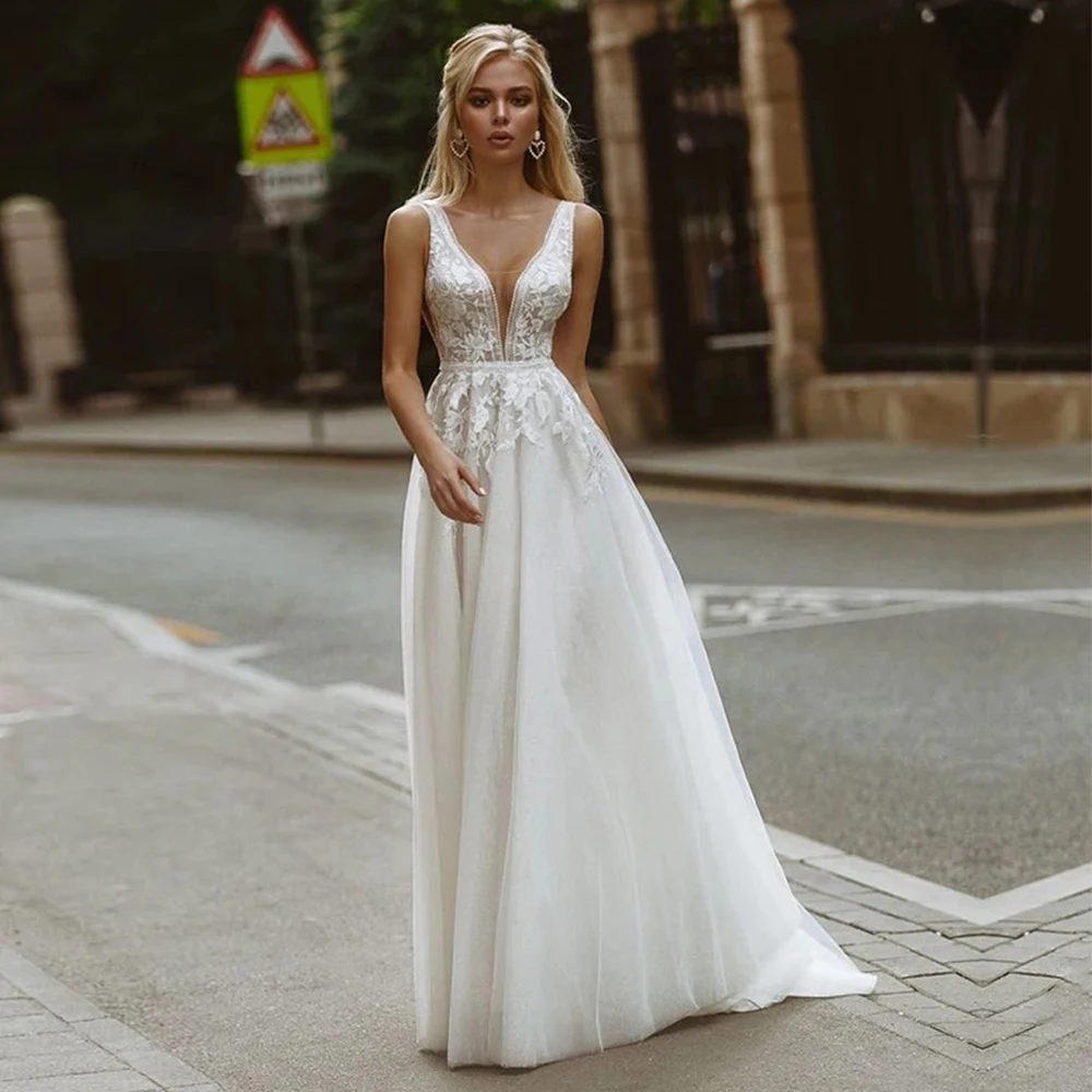 

Elegant Sleeveless A-Line Wedding Dress Classic V-Neck Applique Tulle Floor Length Bridal Open Back Civil Marriage Gowns