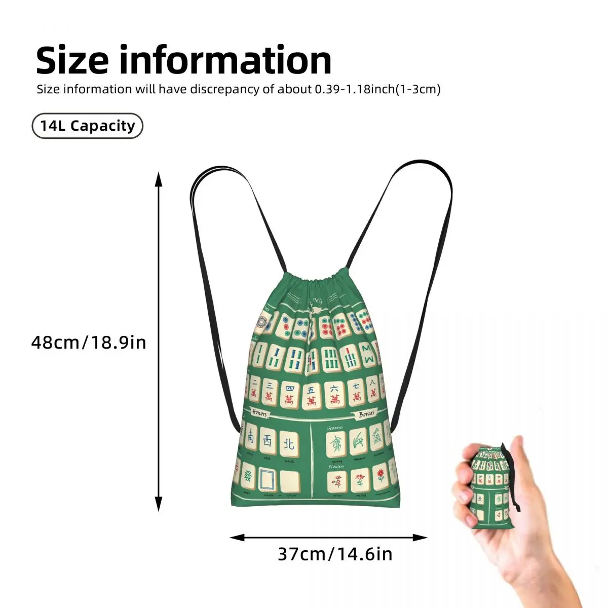 Mahjong Tile Pattern Drawstring Backpack hiking cycling Bag Portable Travel Drawstring Bag for Men Women
