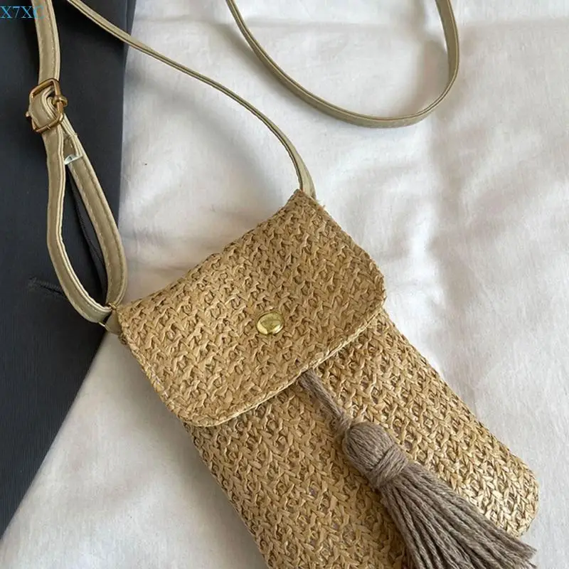 

X7XC Lightweight Straw Shoulder Bag Woven Tassels Crossbody Phone Purse for Women