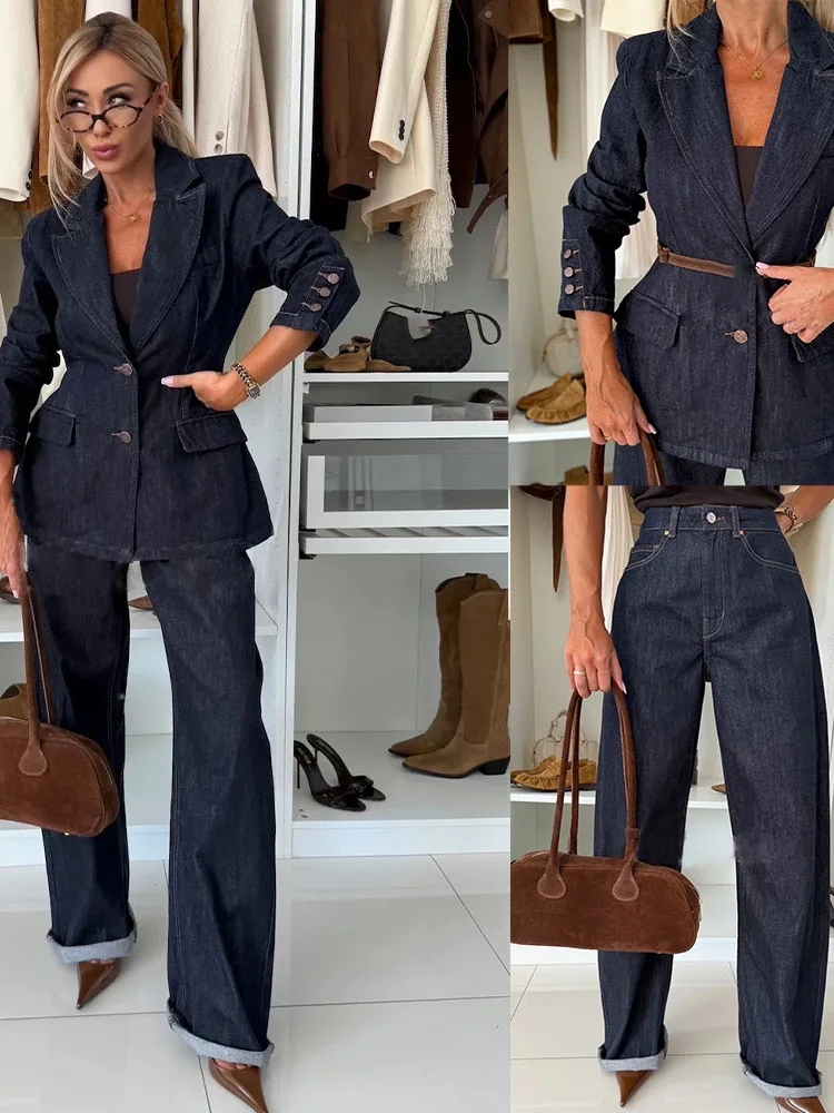 

Осень-зима, однотонный джинсовый комплект из двух предметов, женская куртка на пуговицах с отложным воротником и длинные брючные костюмы, новый винтажный уличный ковбойский наряд