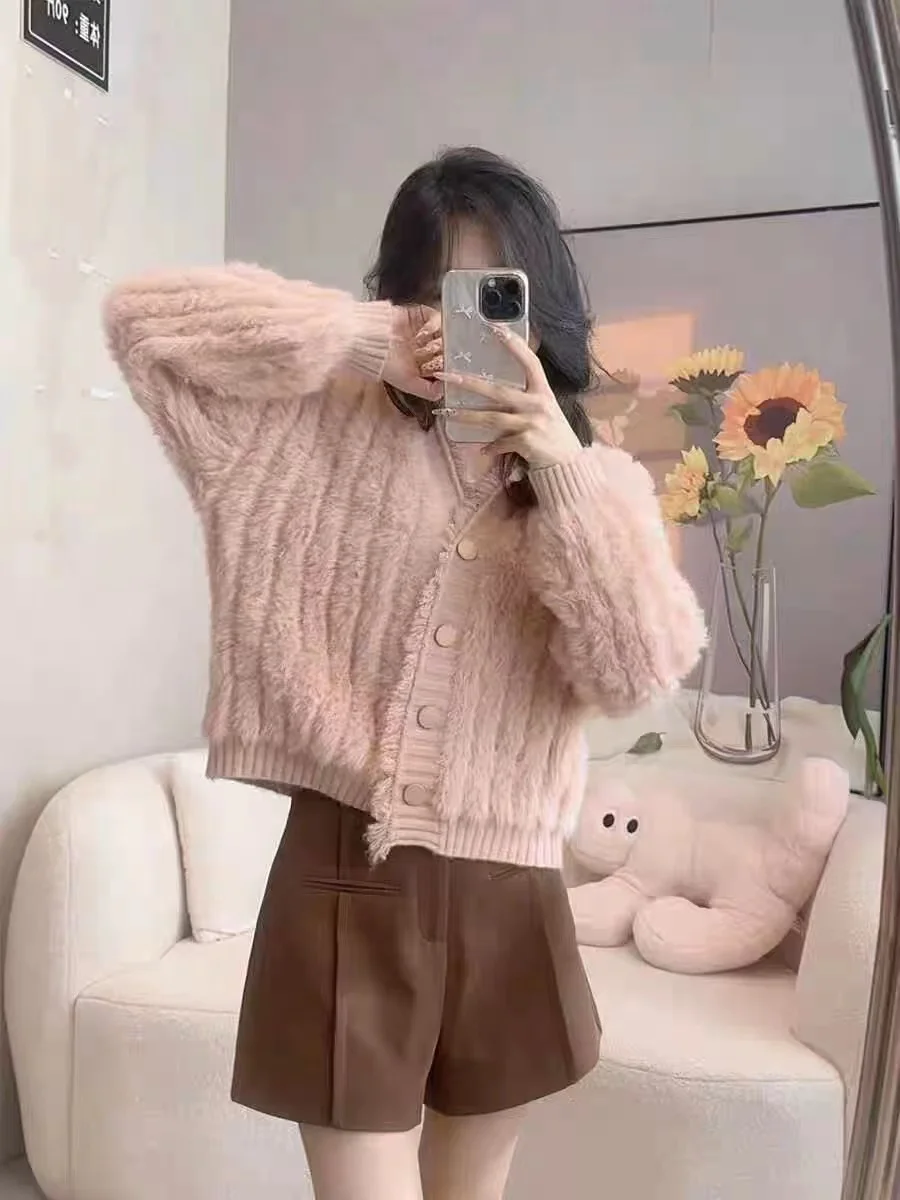 女性用フェイクミンクファーセーター,Vネックカーディガン,タッセル,ルーズフィット,キュート,トレンディ,秋冬