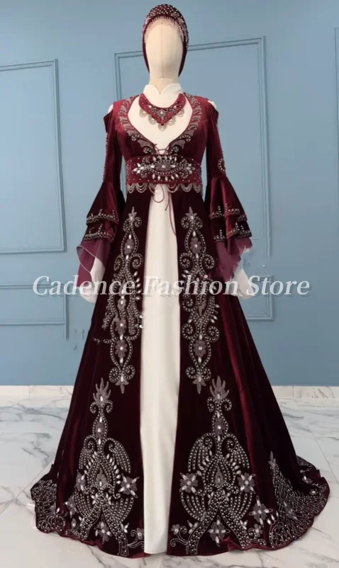 맞춤형 부르고뉴 전통 여성 두바이 이브닝 드레스 럭셔리 페르시 아플리케 아라비안 로브 플레어 슬리브 댄스 파티 드레스