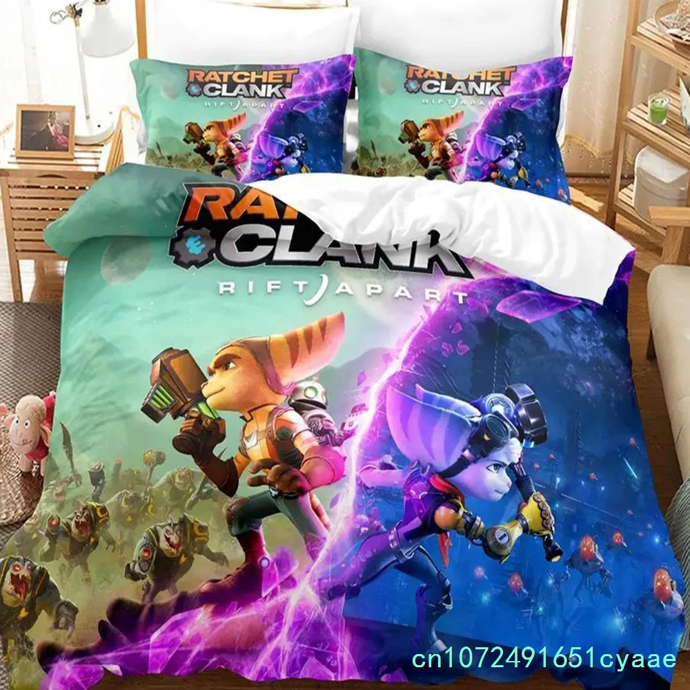 Game Anime Ratchet Clank Rift Apart Bedding Set Cartoon three-piece Set Adult Boys Bedroom Duvetcover Sets 3D Kawaii