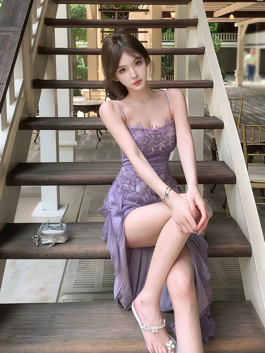 REDDACHiC Abito lungo fluido da donna con spacco in pizzo con giuntura elastica sul retro Abito da festa con volant irregolare Abiti estivi formali da ballo