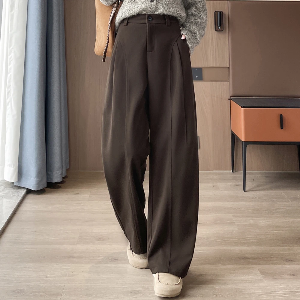 

European Brown Wide Leg Pants Women's Autumn and Winter New High end Fashion Large Size Elastic Waist Loose Casual Banana Pants