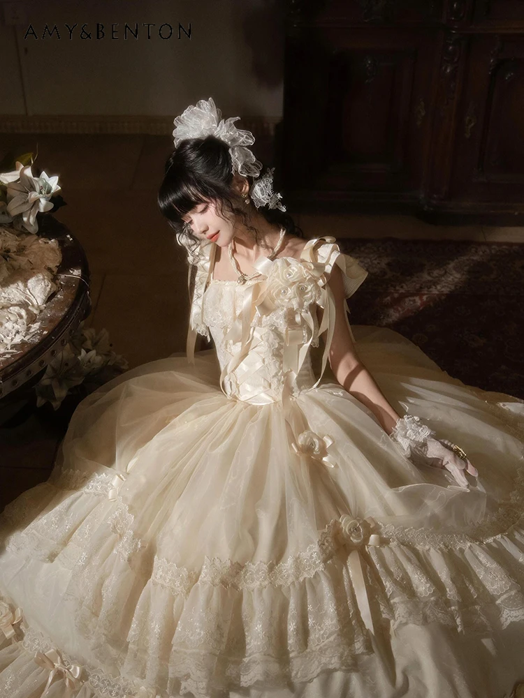 Abiti da sera Lolita eleganti di lusso leggeri Abito da compleanno per donna Abito da tutù in rete lunga sottile JSK con volant dolce stile fata