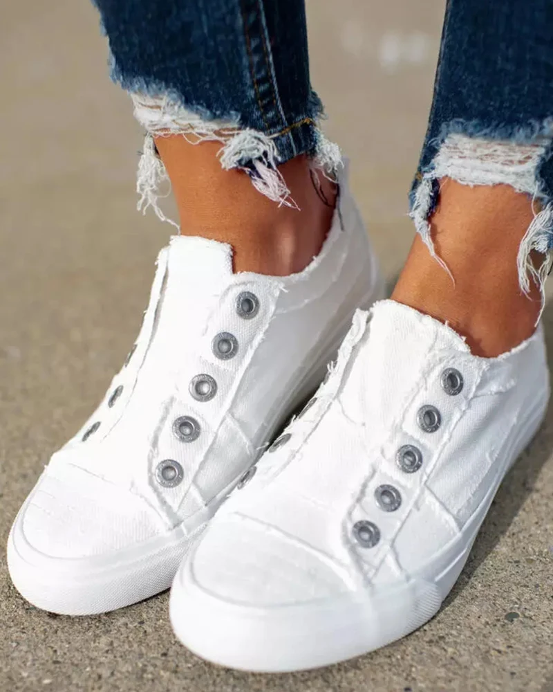 

Women Shoes Casual Daily Wear Flat Solid Color Round Toe Eyelet Slip-on Canvas Sneakers