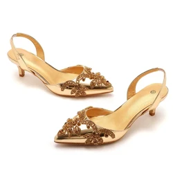 Summer High-heeled Women's Sandals Rhinestone PU 5CM Thin Heels Back Strap Wedding Shoes Women's Shoes Golden Party Dress High