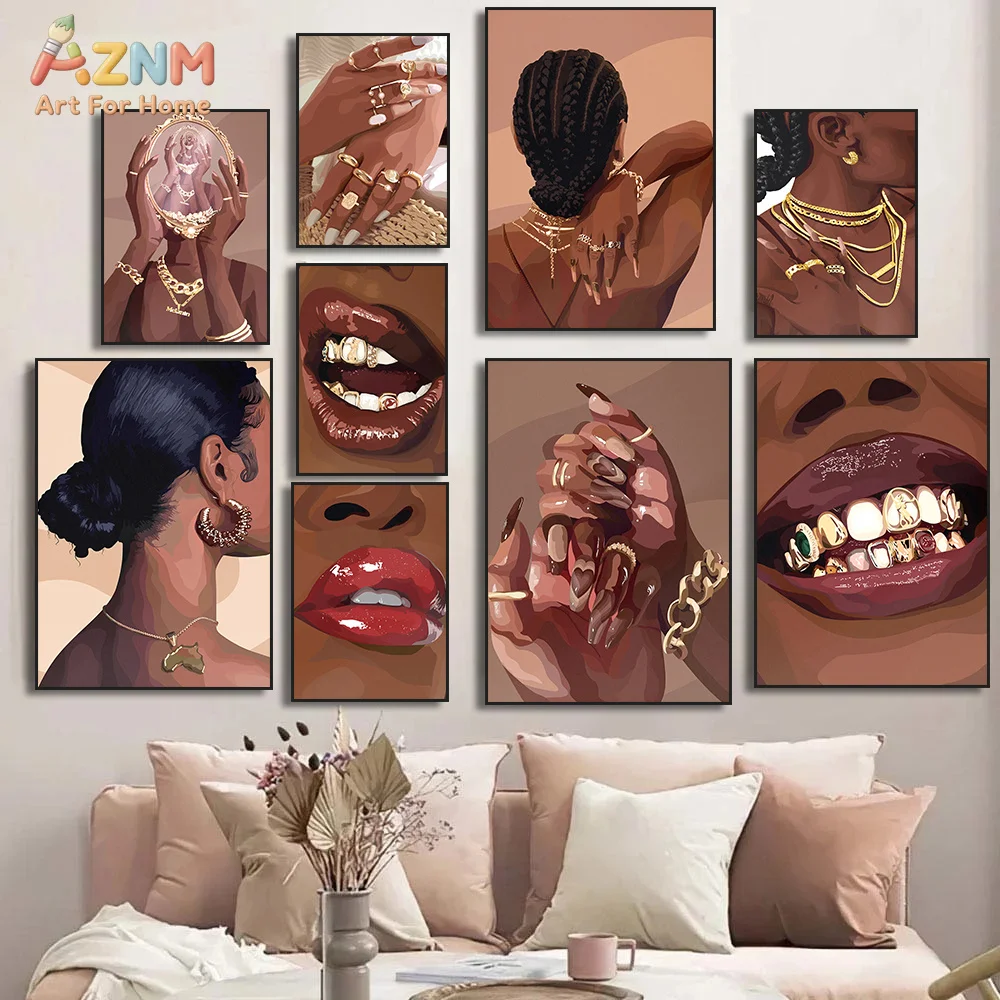 AZNM Black Woman Golden Jewelry Canvas Wall Art Braids Gold Grill Lips Nails African American Fashion Print Unframed Canvas Girl